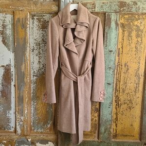 Rebecca Taylor Camel Ruffled Wool Knee Length Coat Sz 0/2